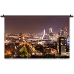 Wandkleed Skyline van Rotterdam in de avond gezien. 180 x 120 cm